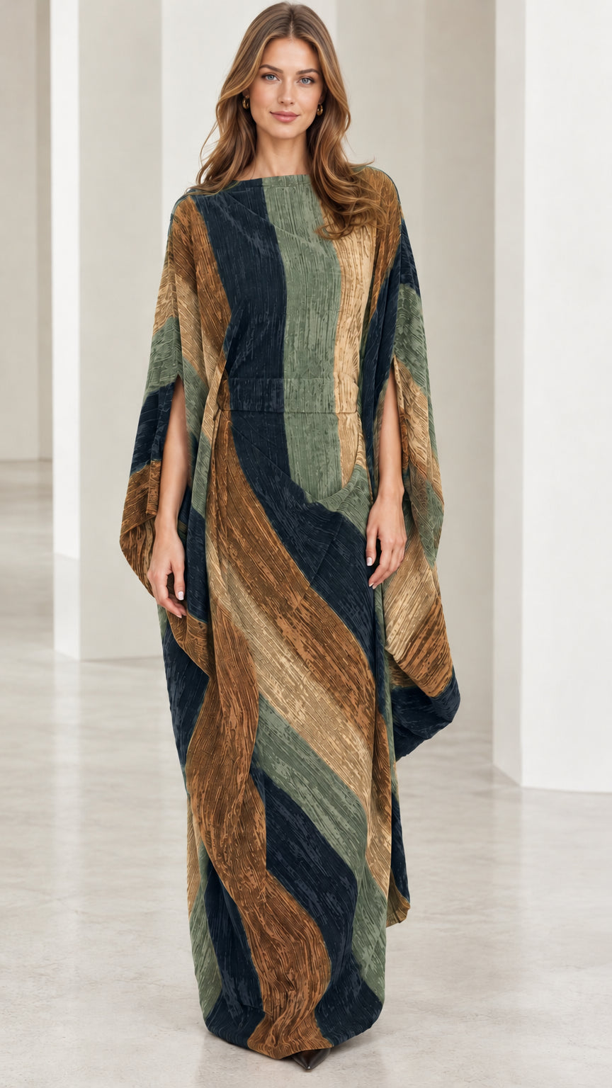 Front full-length view of olive green multi striped cape sleeve kaftan dress