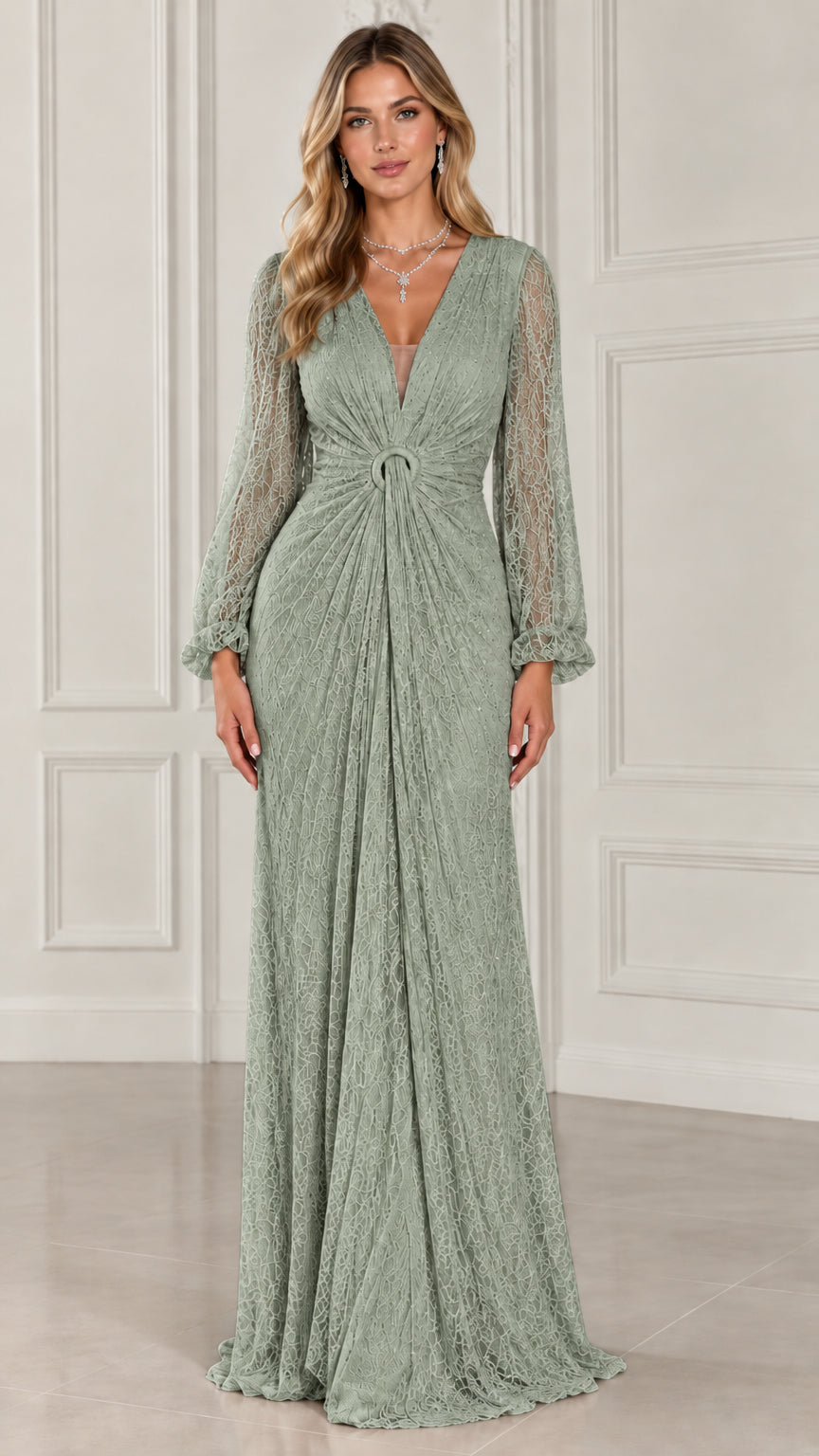 Full-length view of model in Sage Green long sleeve lace evening gown