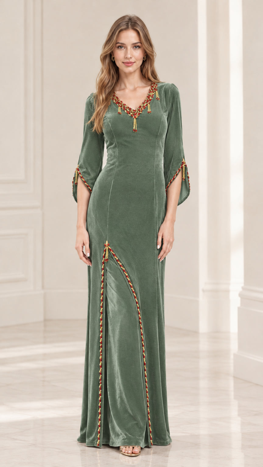 Model wearing Sage Green Embellished Velvet Maxi Dress front view