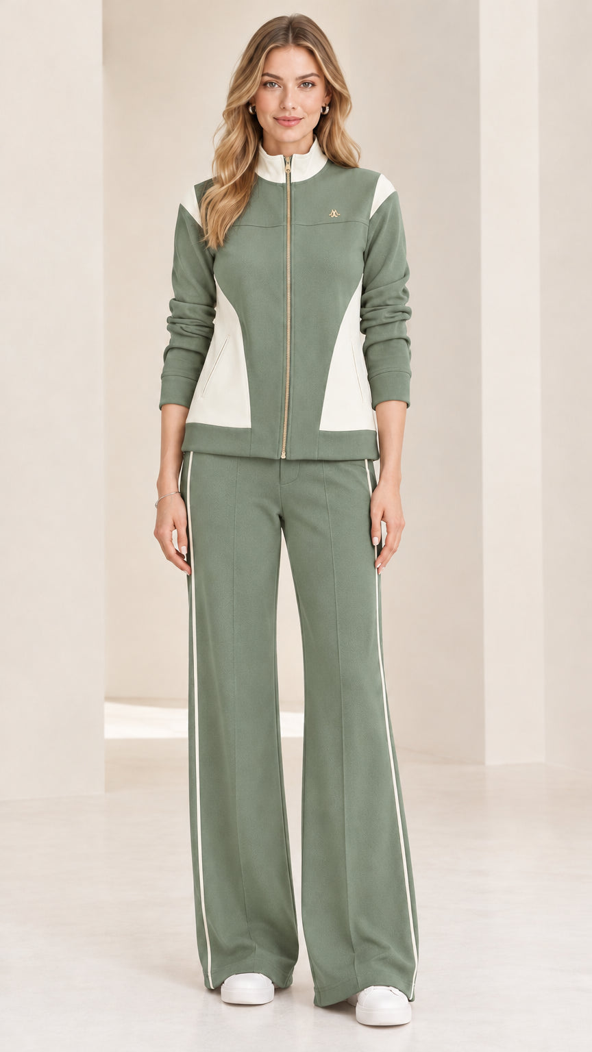 Front view of woman wearing sage green and white colorblock tracksuit set