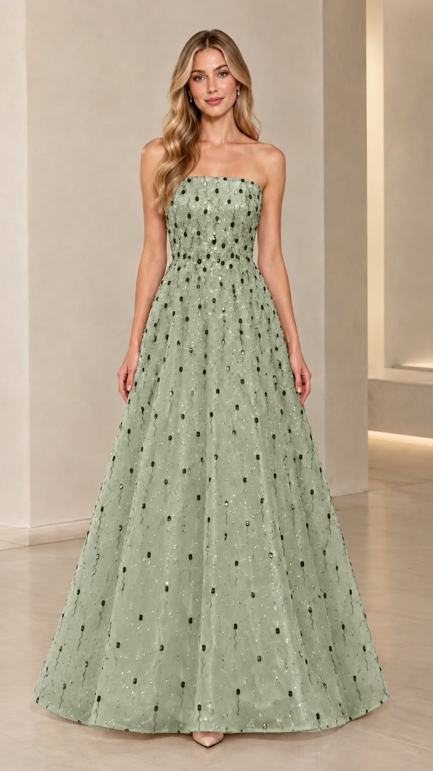 Model wearing Sage Green strapless embellished formal evening gown