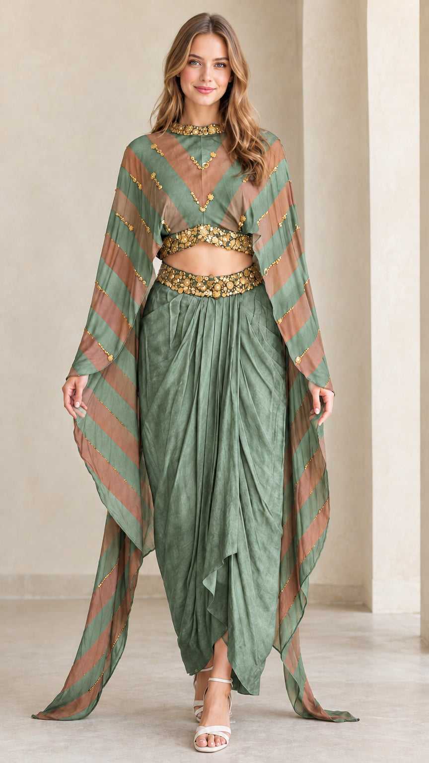 Model wearing Sage Green striped cape top and draped dhoti pant set