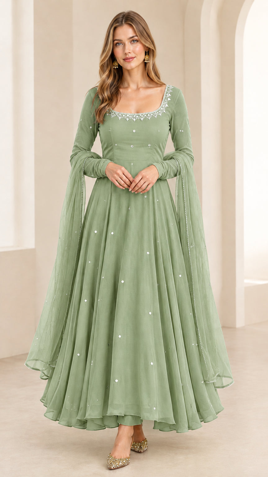 Front view of woman wearing Sage Green embellished Anarkali evening gown