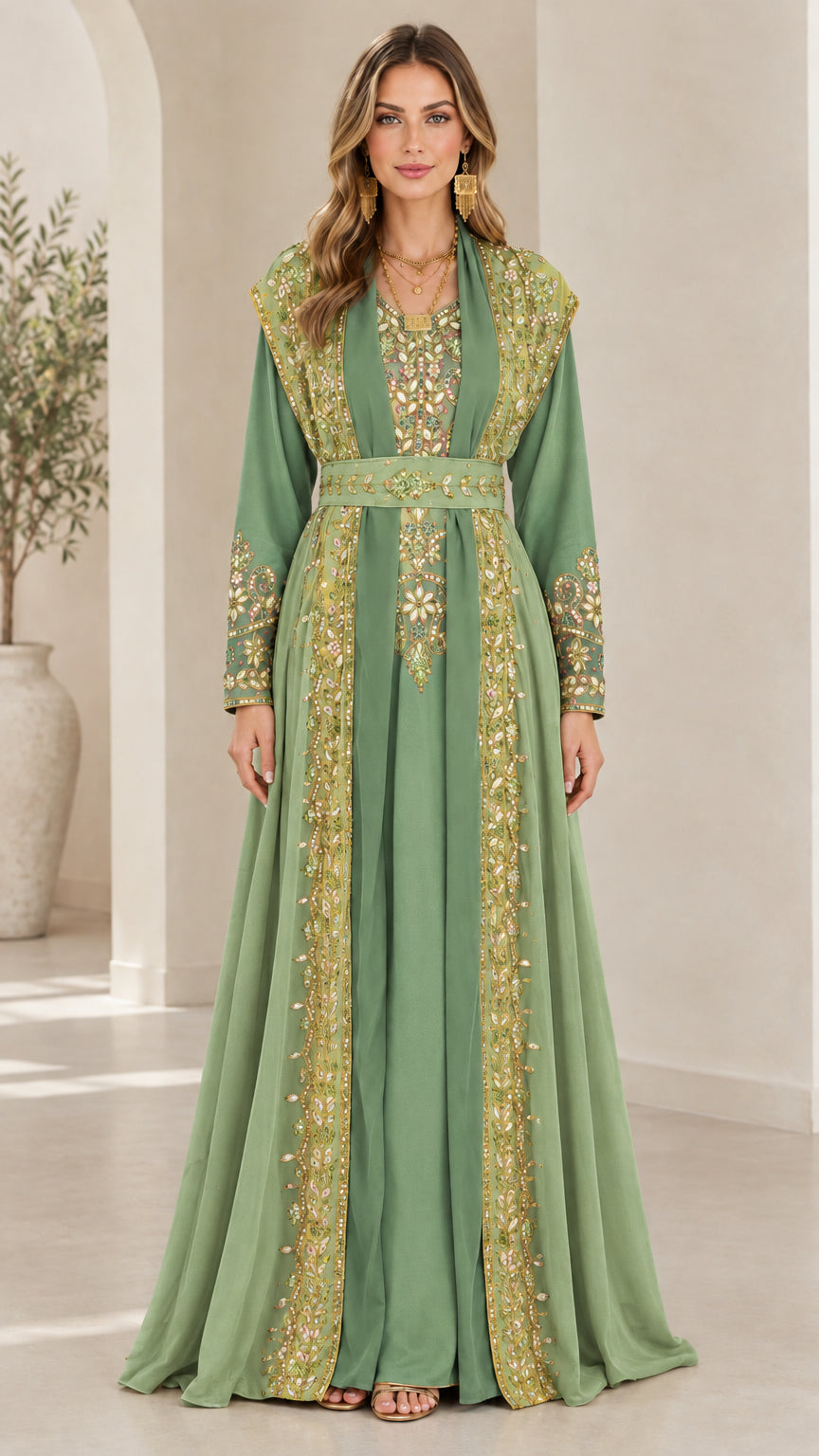 Full-length front view of sage green embroidered caftan maxi dress with gold details