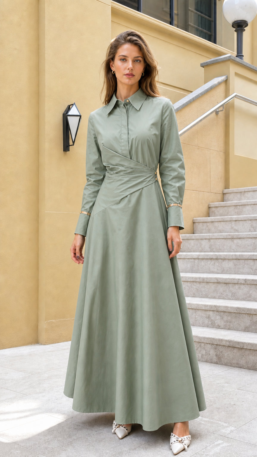 Full view of woman wearing sage green long-sleeve wrap maxi dress