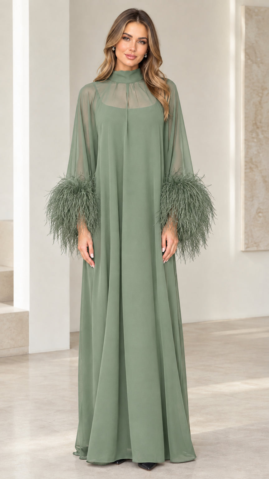 Sage green sheer yoke floor-length evening gown with feather trim cuffs