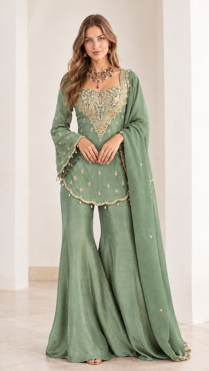 Sage Green embroidered 3-piece sharara suit set with flared pants and scarf