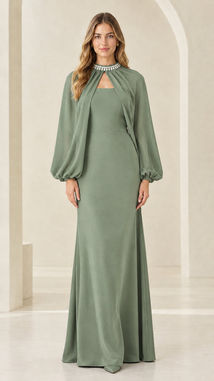 Front view of woman wearing sage green rhinestone neckline cape evening dress