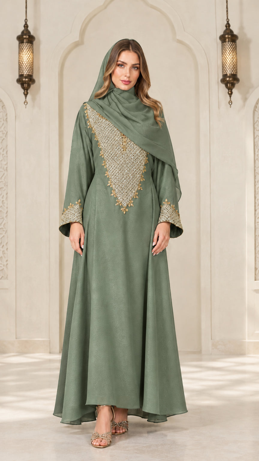 Sage green modest maxi abaya dress with gold decorative embroidery