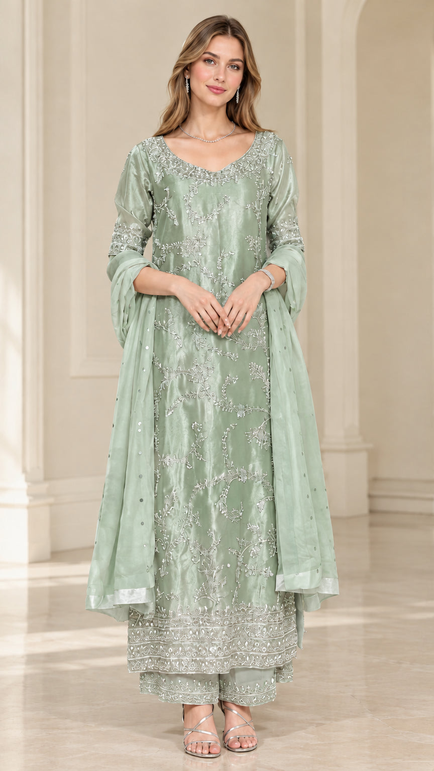 Sage Green embroidered 3-piece kurta palazzo ensemble with sheer dupatta