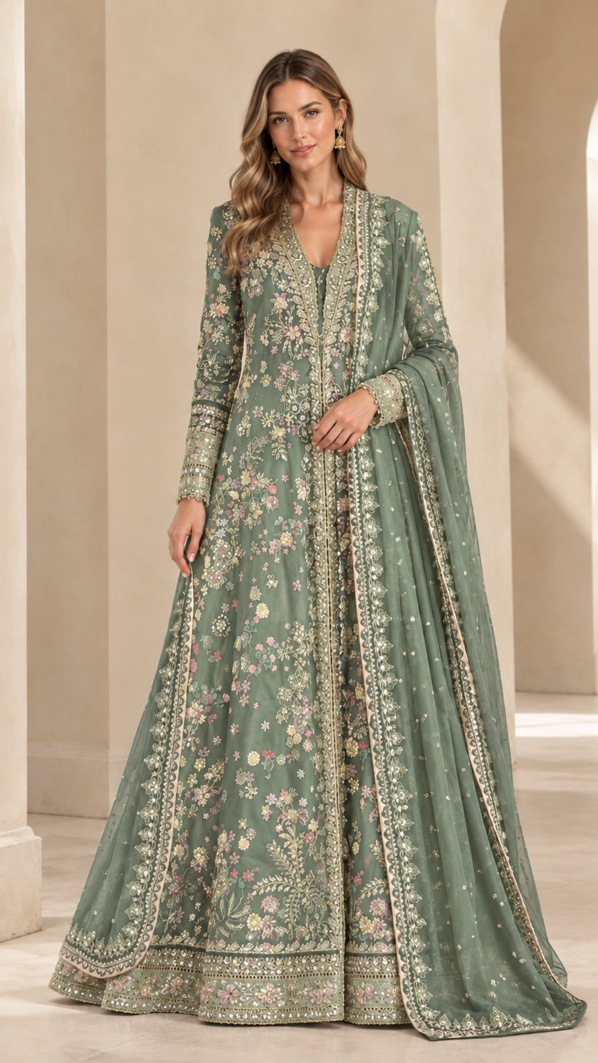 Front view of sage green floral embroidered floor-length gown set