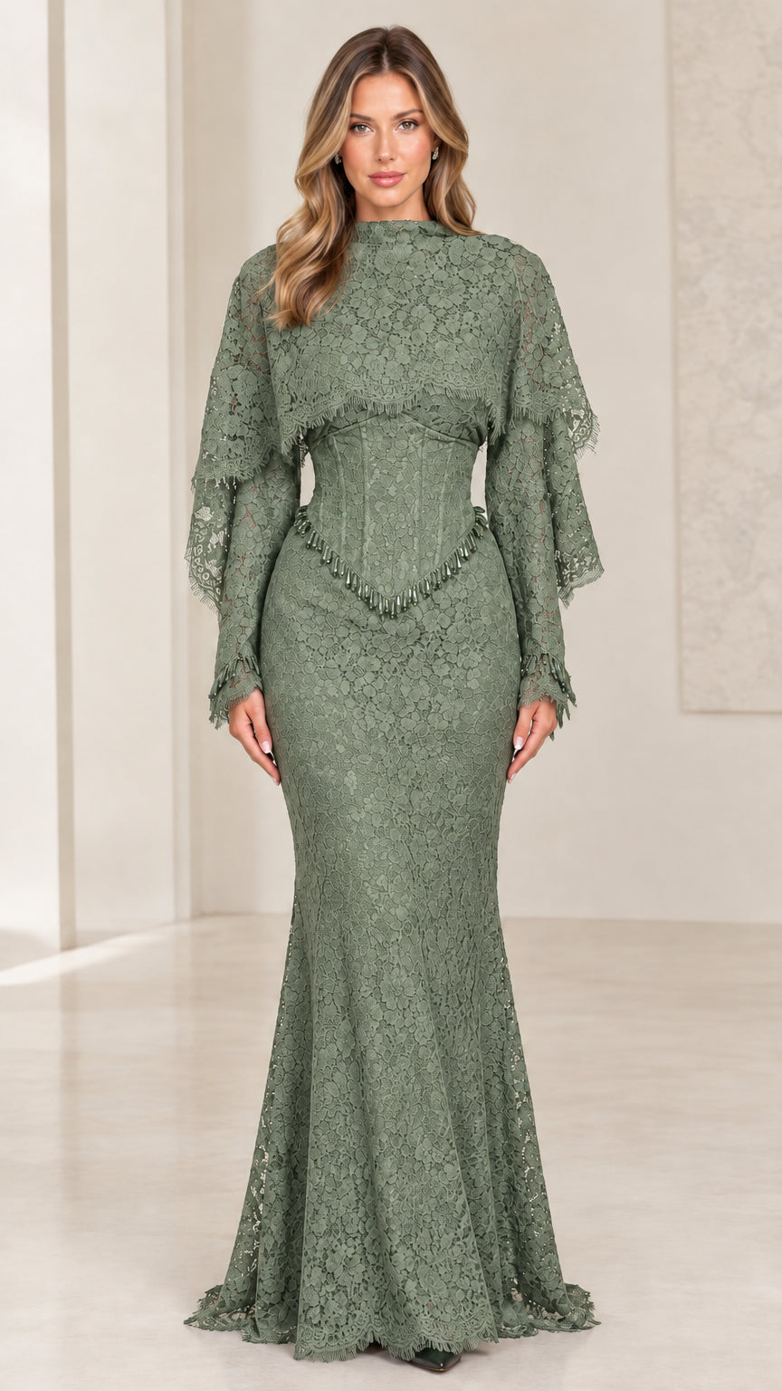 Sage green high neck lace mermaid formal gown with capelet sleeves