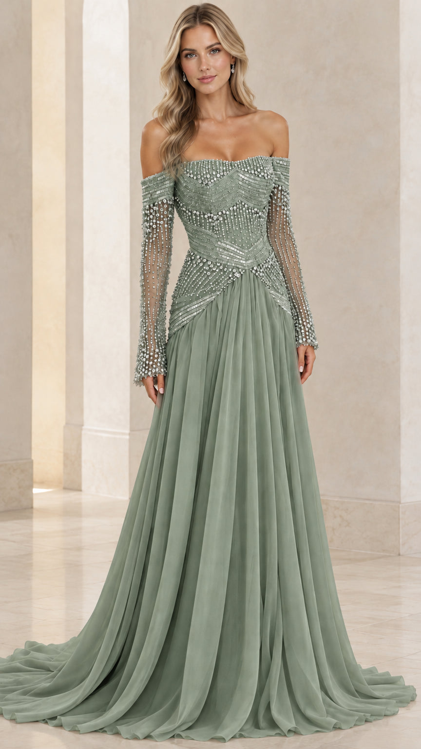 Front view of off-the-shoulder long sleeve beaded evening gown in sage green
