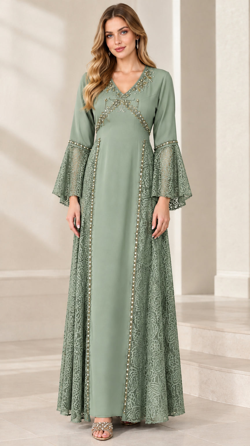 Front view of the beaded V-neck lace panel bell sleeve maxi dress in sage green
