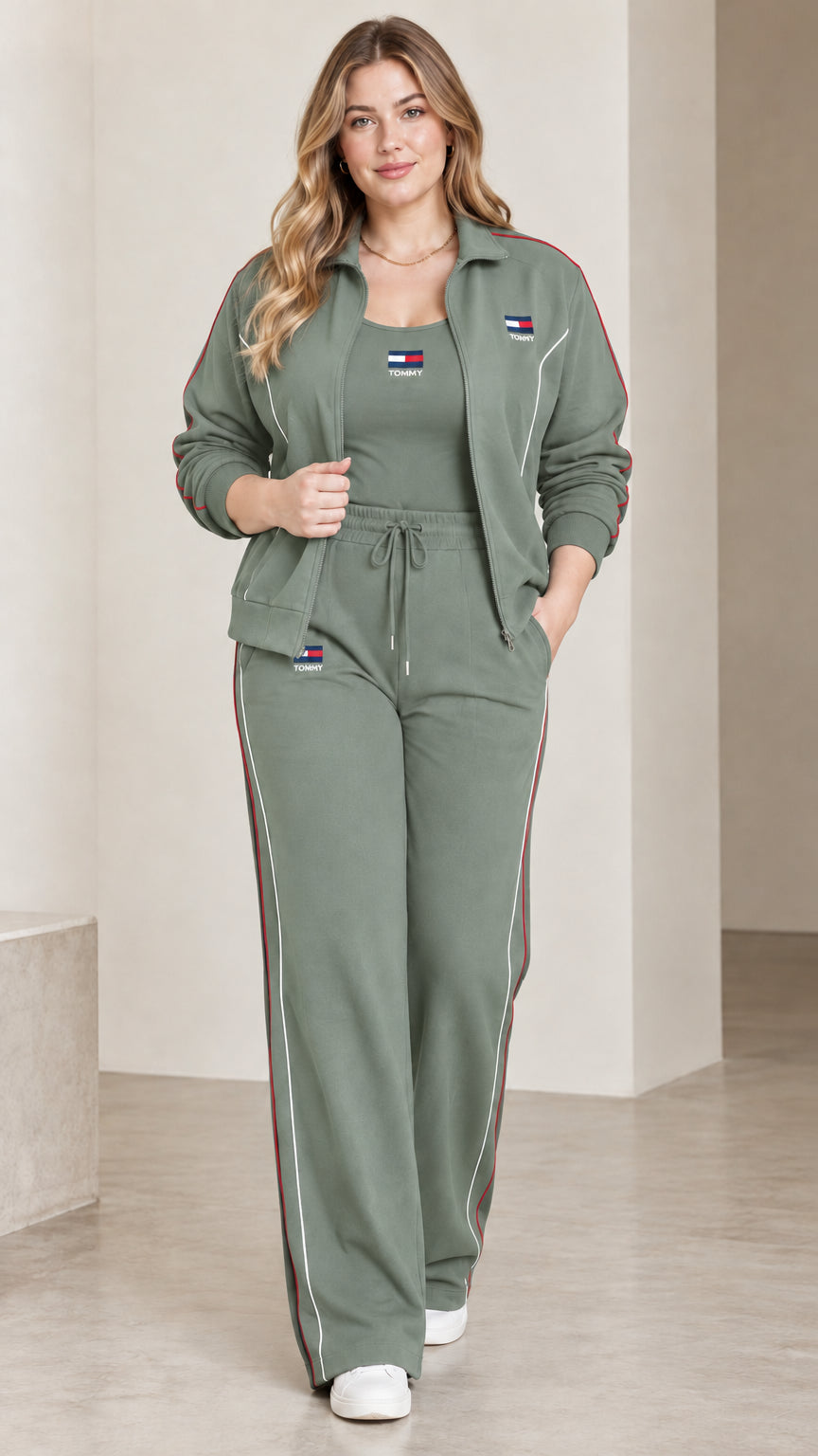Front view of model wearing the sage green contrast piping tracksuit set