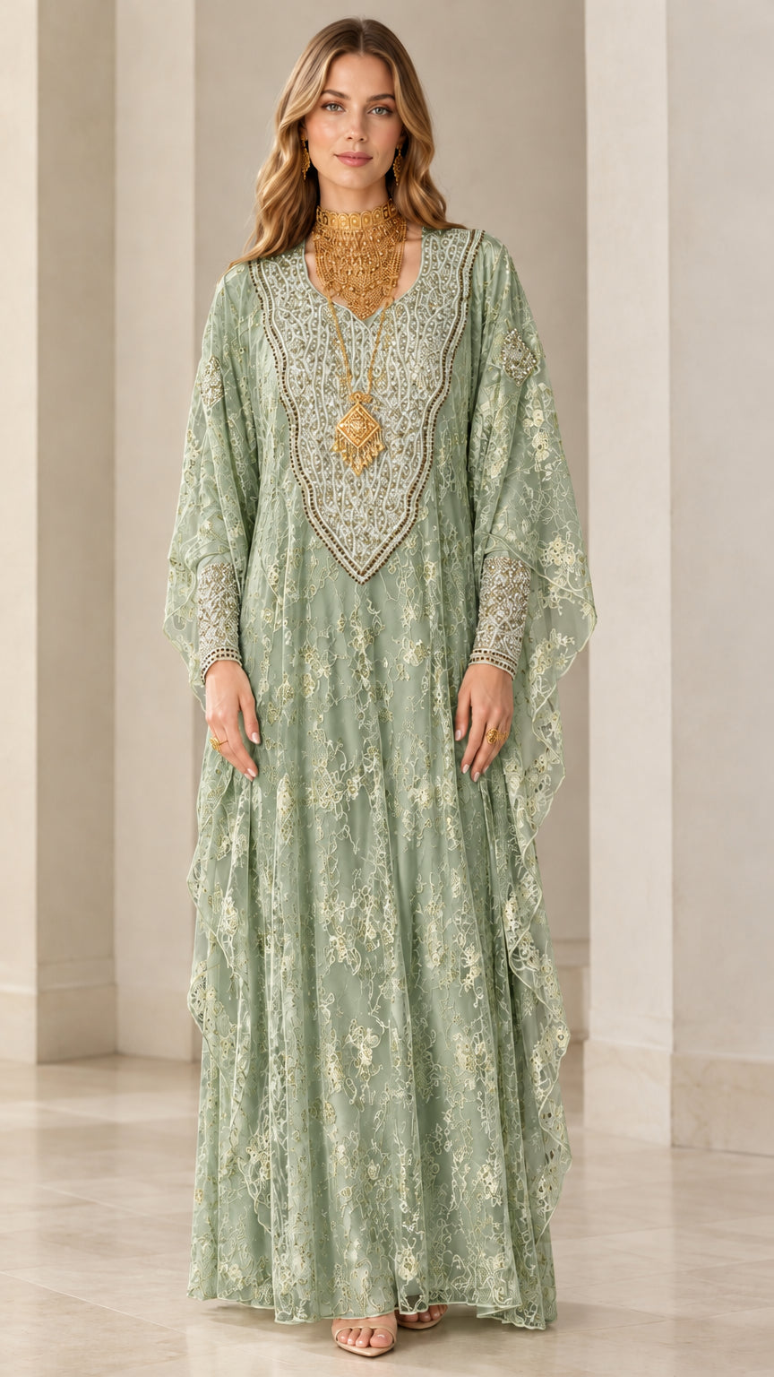 Full front view of women's sage green embroidered lace kaftan maxi dress