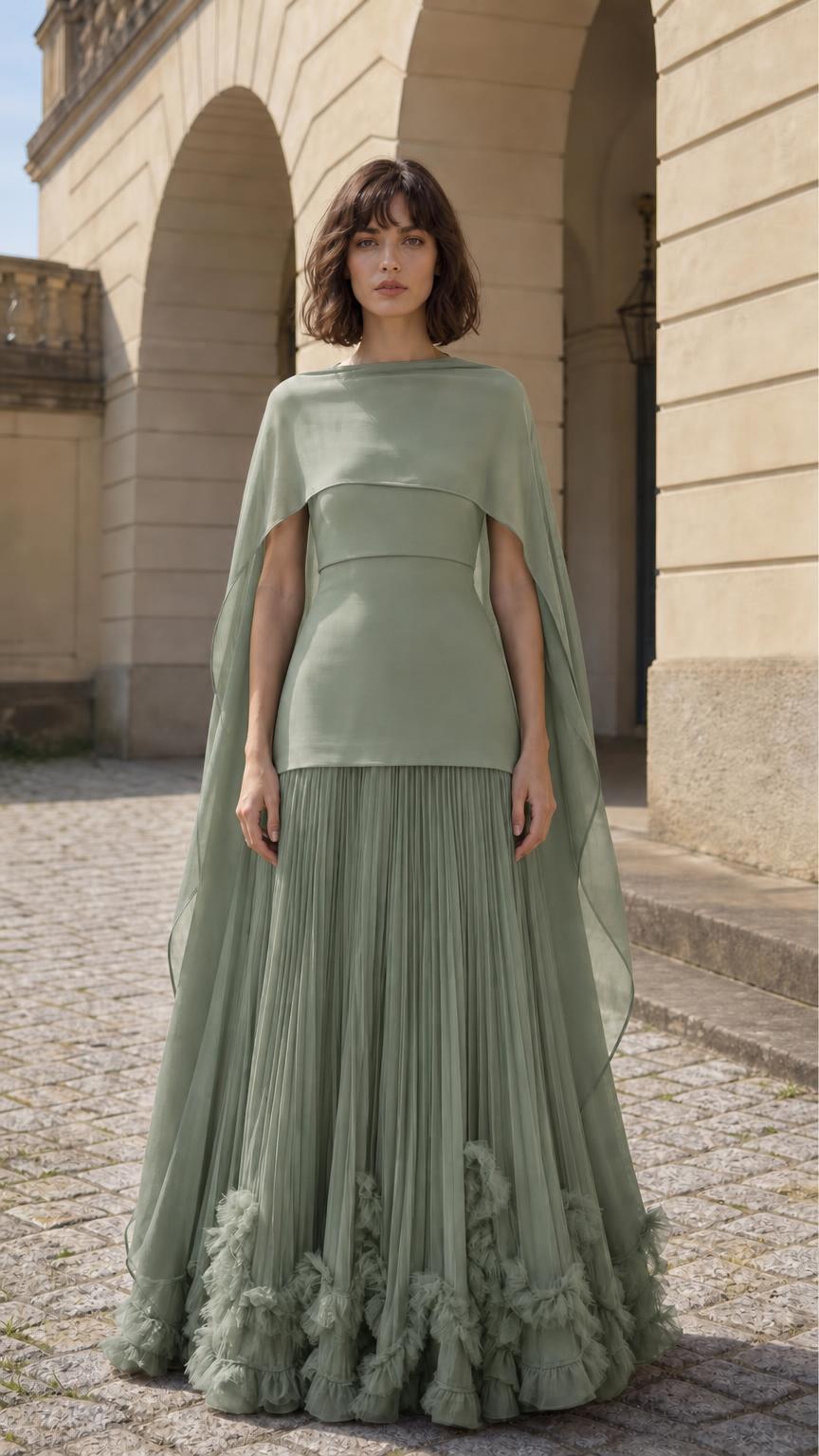 Front view of woman wearing sage cape overlay pleated maxi dress
