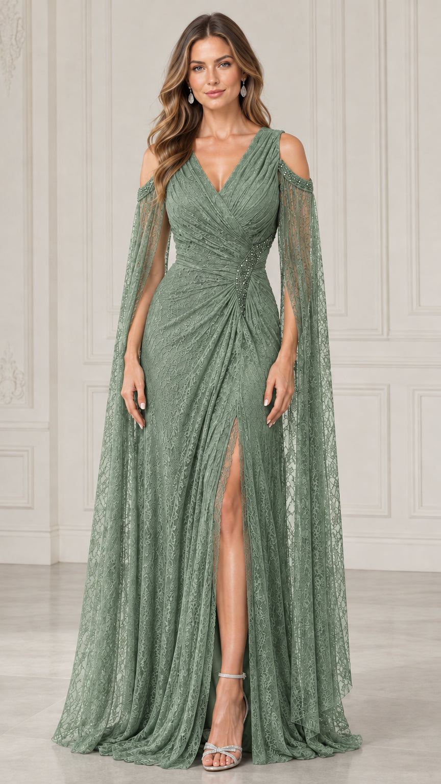 Sage Green cold shoulder lace evening gown with flowing cape sleeves
