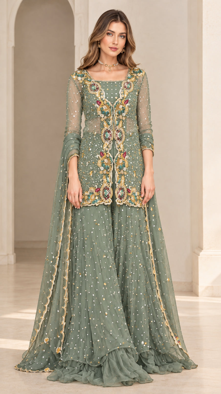 Sage green embroidered sequin tunic and flared sharara set