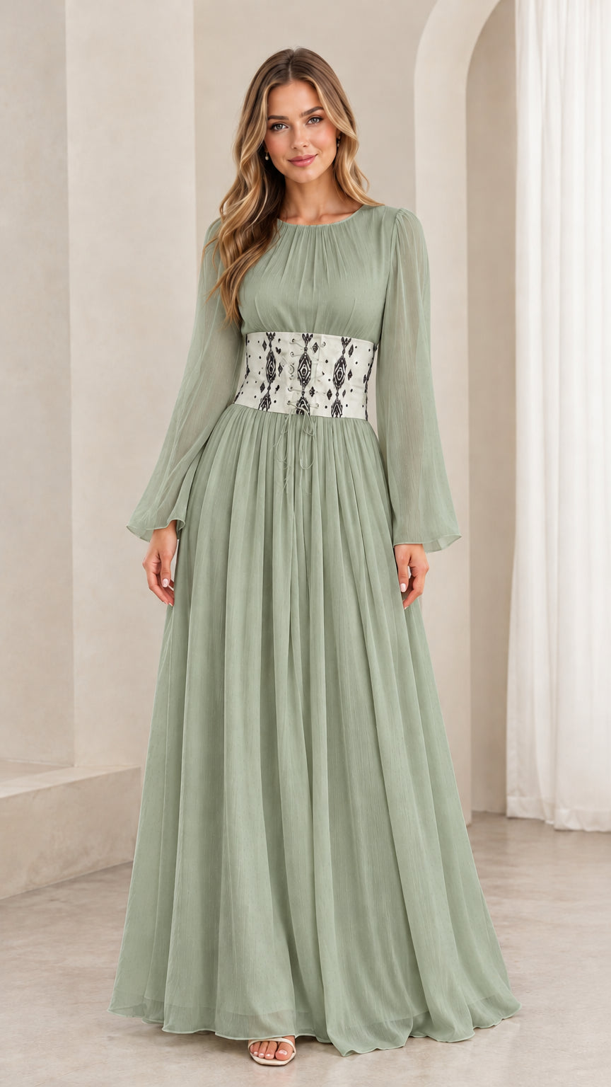 Sage green long bell sleeve chiffon maxi dress with decorative embroidered waist panel