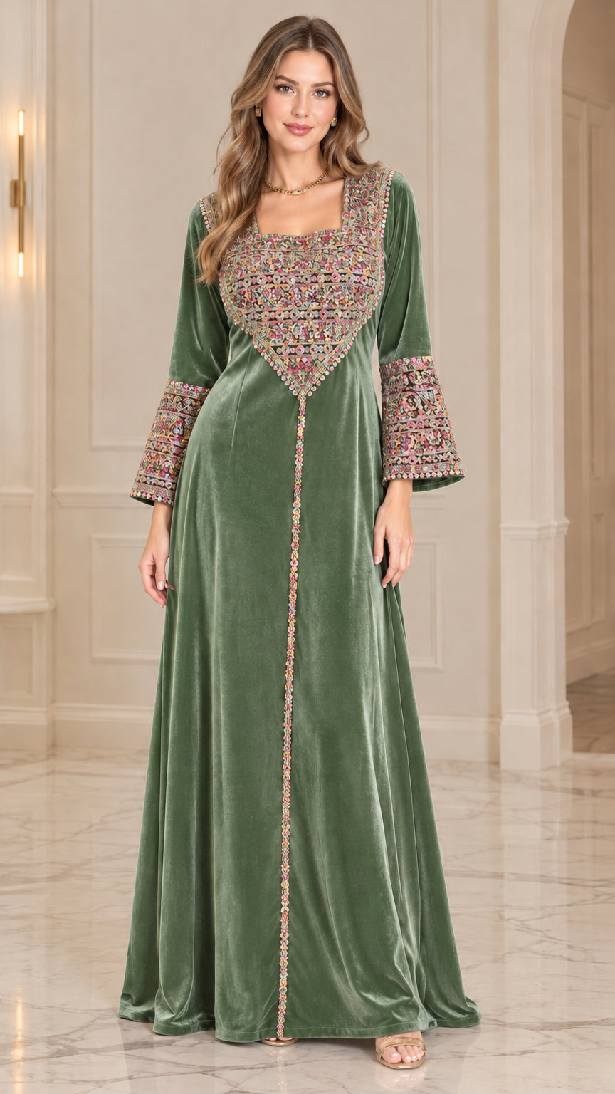 Sage Green embroidered velvet long sleeve maxi dress front view