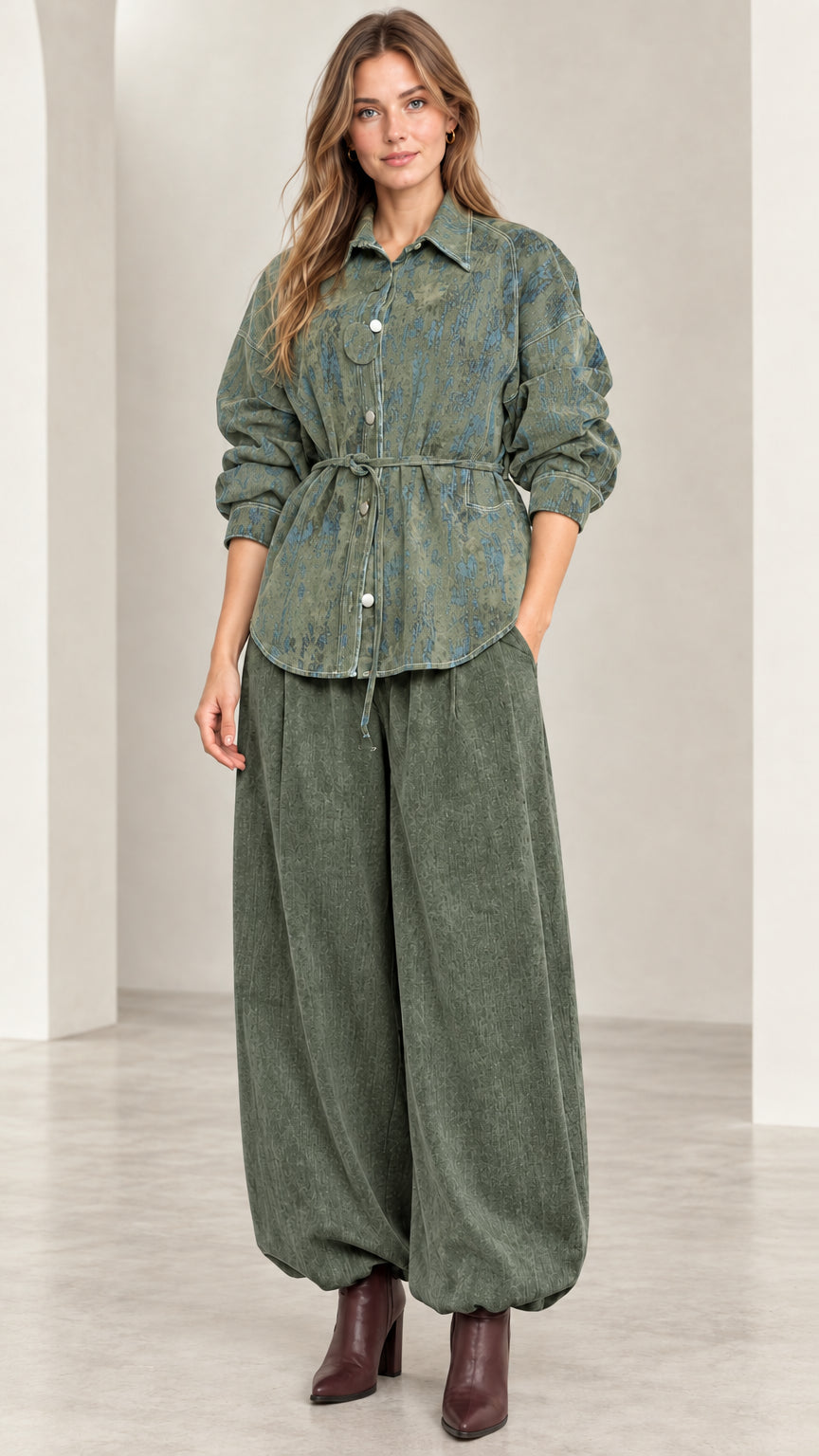 Model wearing Sage Green abstract print tie-waist button-down shirt jacket