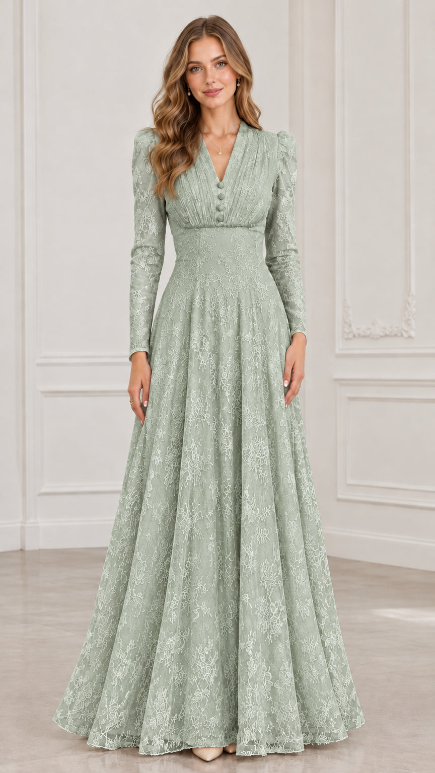 Front view of long sleeve sage green floral lace maxi formal dress