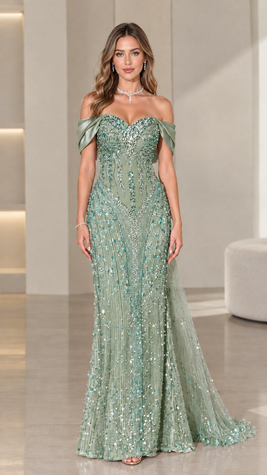 Full-length view of sage green embellished mermaid evening dress
