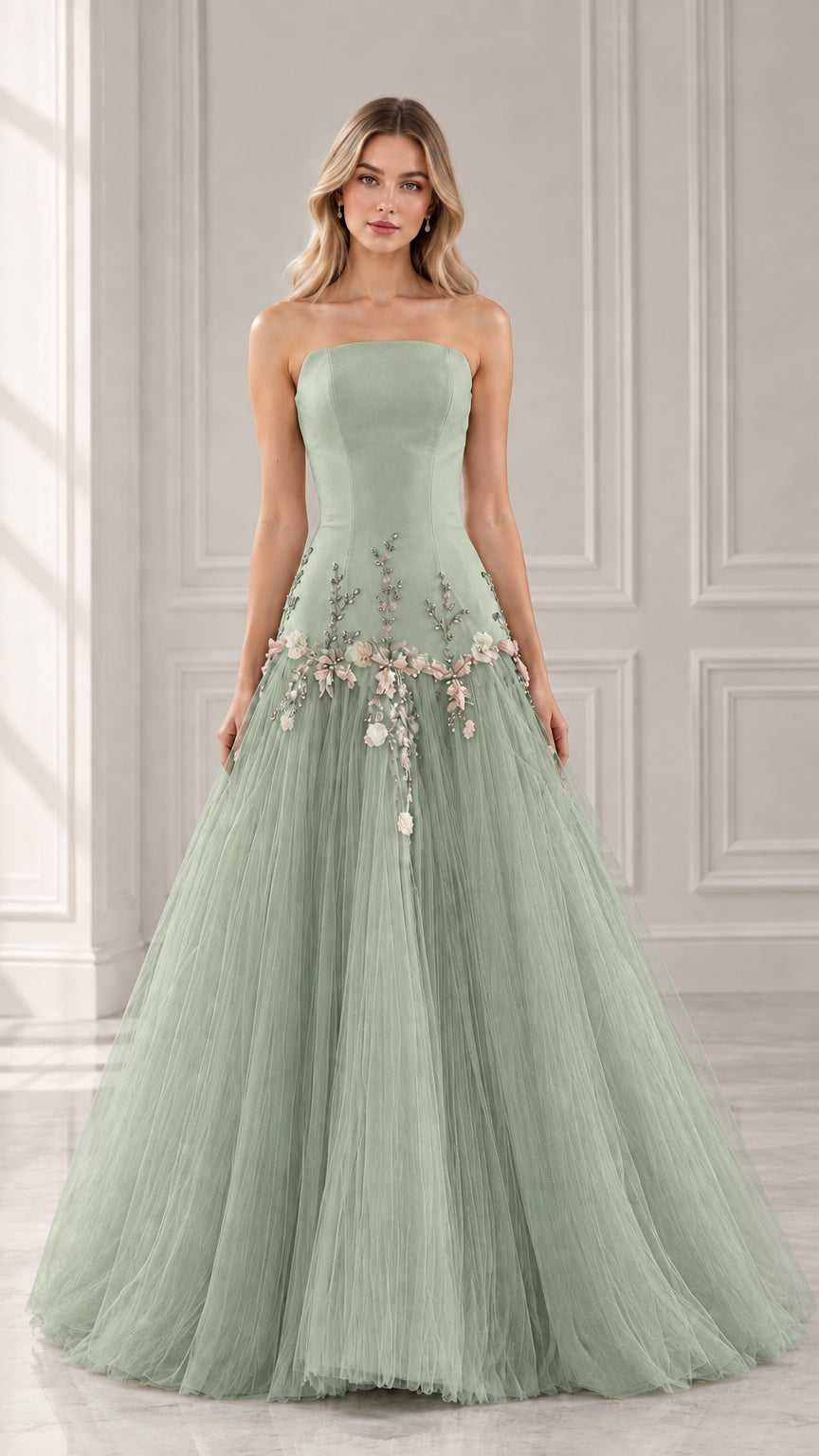 Front view of sage green strapless floral applique tulle ball gown