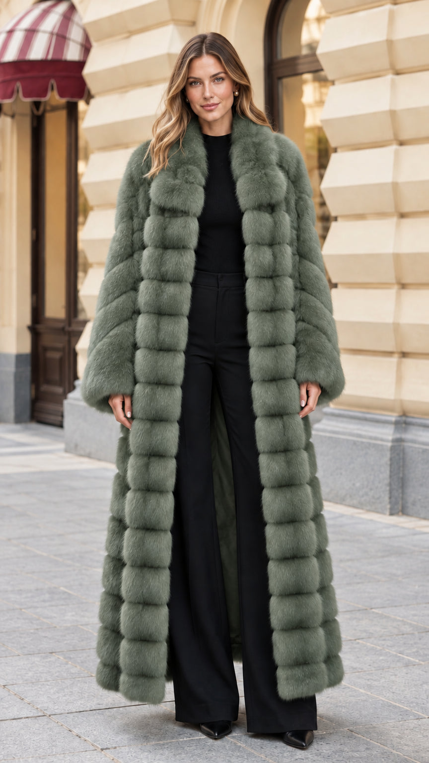 Full-length view of woman in sage green plush paneled faux fur coat