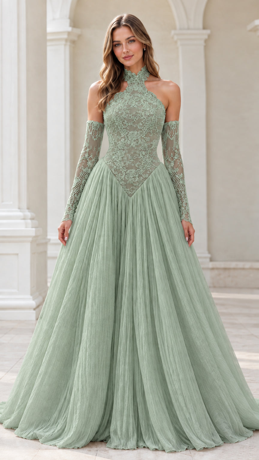Sage green halter lace basque waist evening gown with sleeves