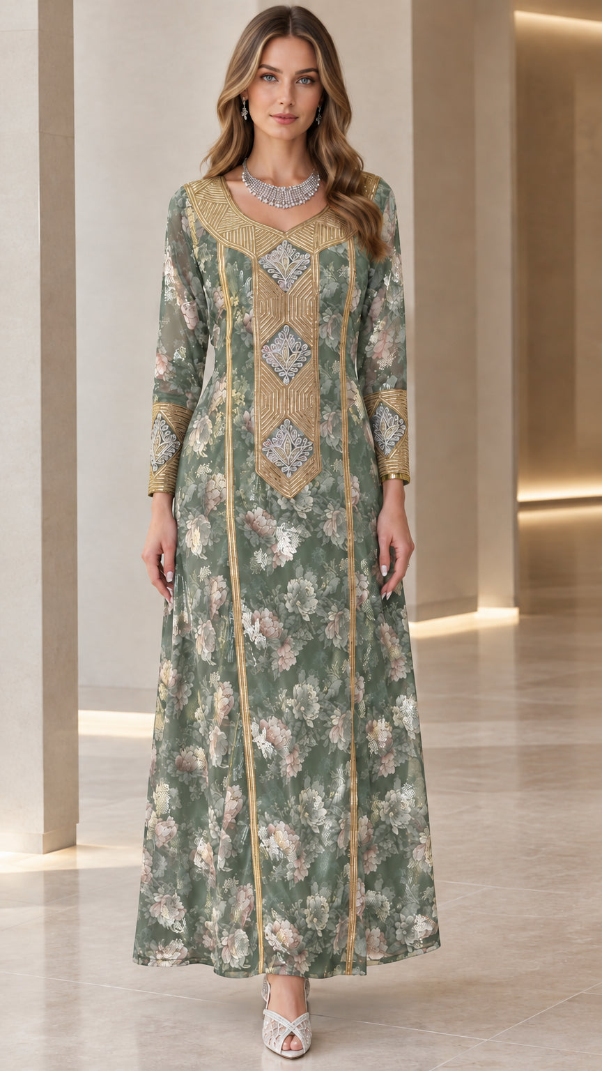 Front view of sage green floral long sleeve maxi dress with gold embroidery
