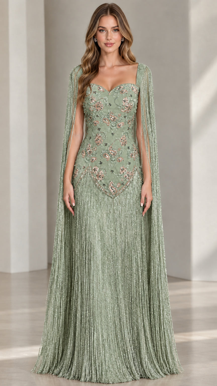 Model wearing sage green embroidered fringe evening maxi dress