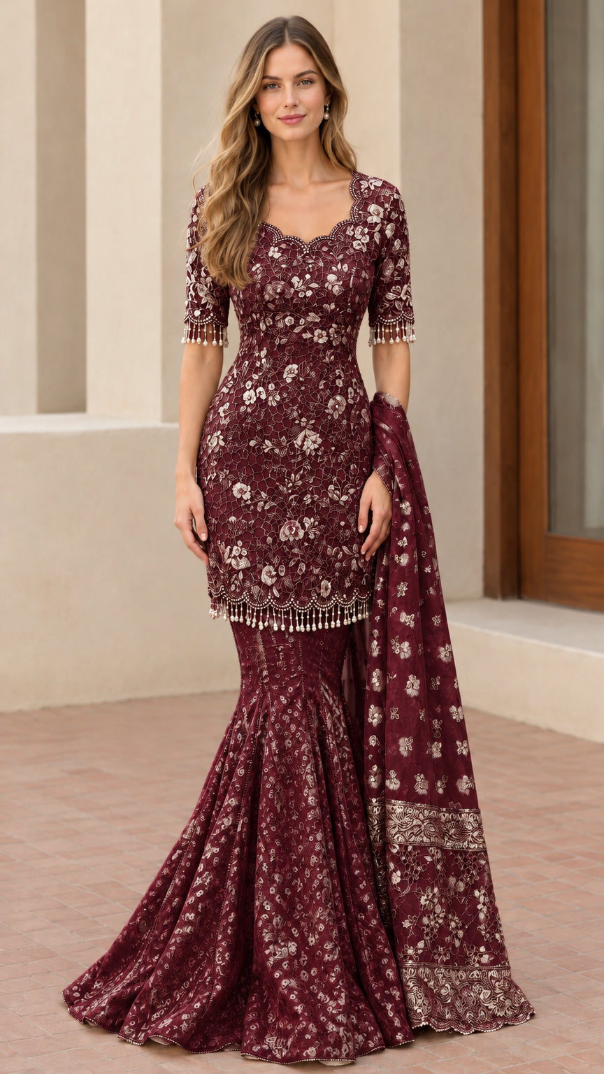 Front view of burgundy red embroidered lace mermaid maxi gown set with drape