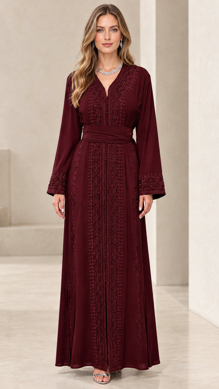 Full front view of burgundy long sleeve embroidered kaftan dress