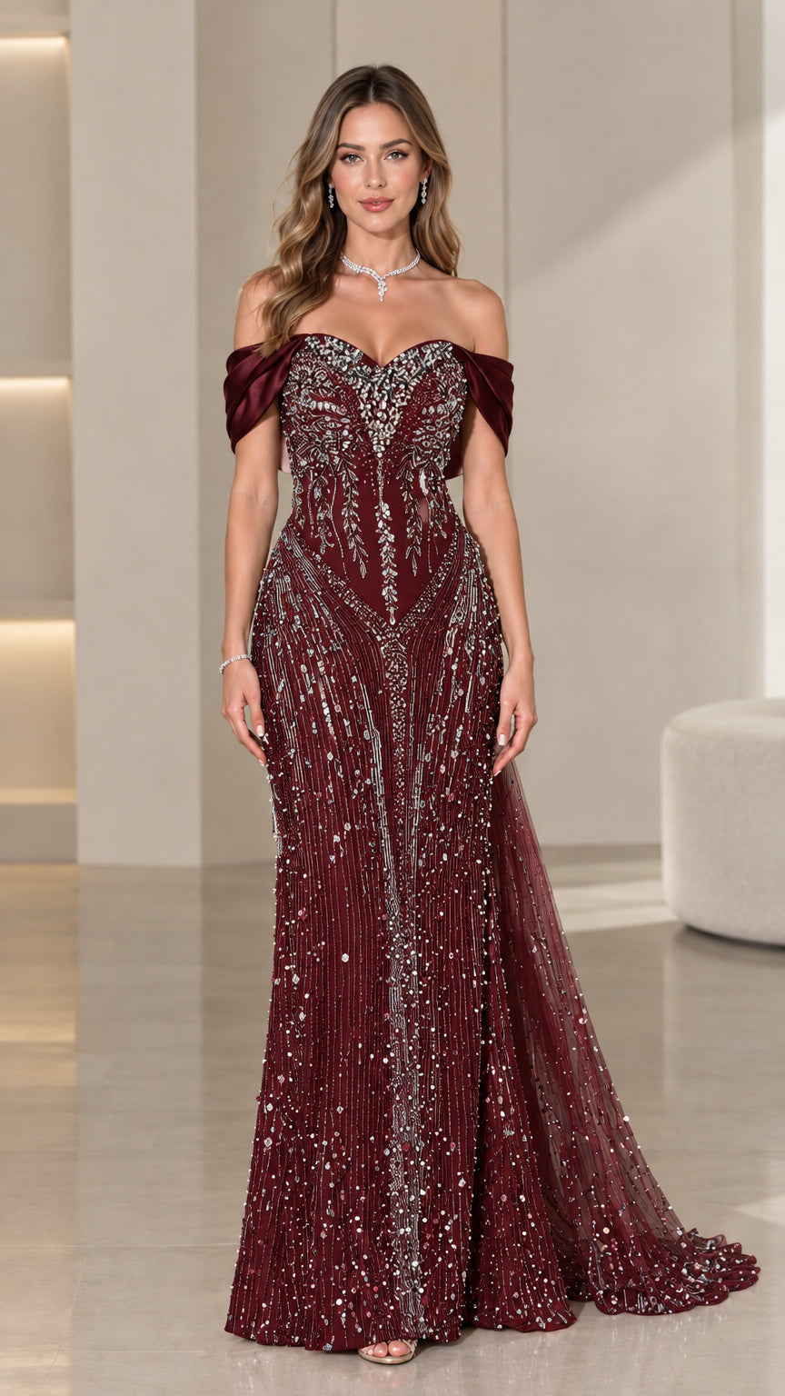 Full-length view of burgundy red sequined formal gown with draped sleeves