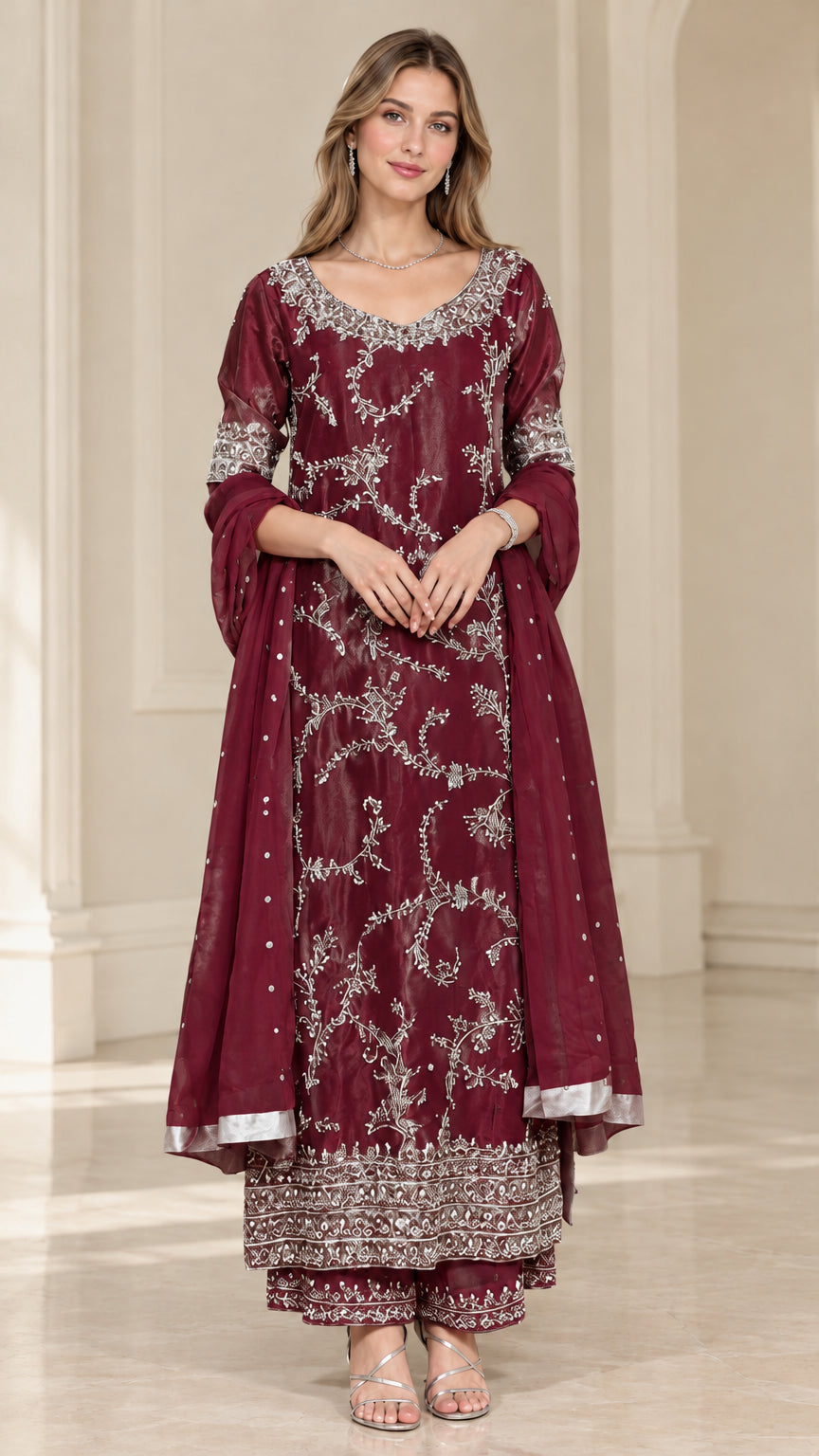 Wine Red embroidered tunic and palazzo trouser set with matching scarf