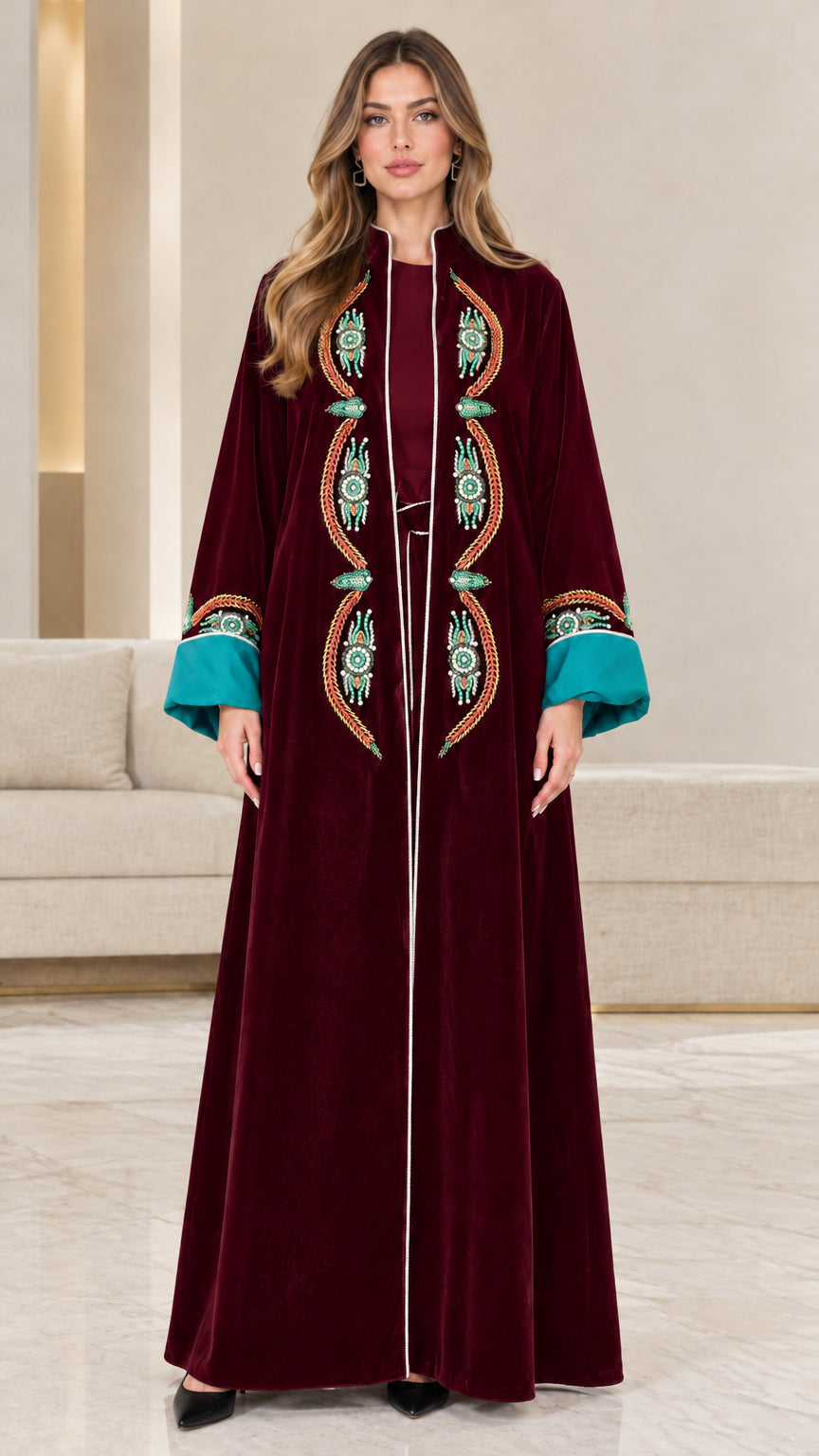 Burgundy wine red velvet embroidered maxi abaya with turquoise cuffs