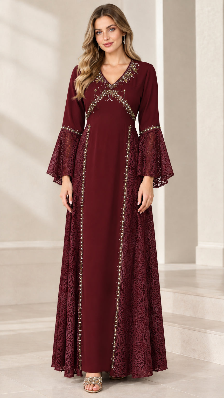 Front view of the beaded V-neck lace panel bell sleeve maxi dress in burgundy