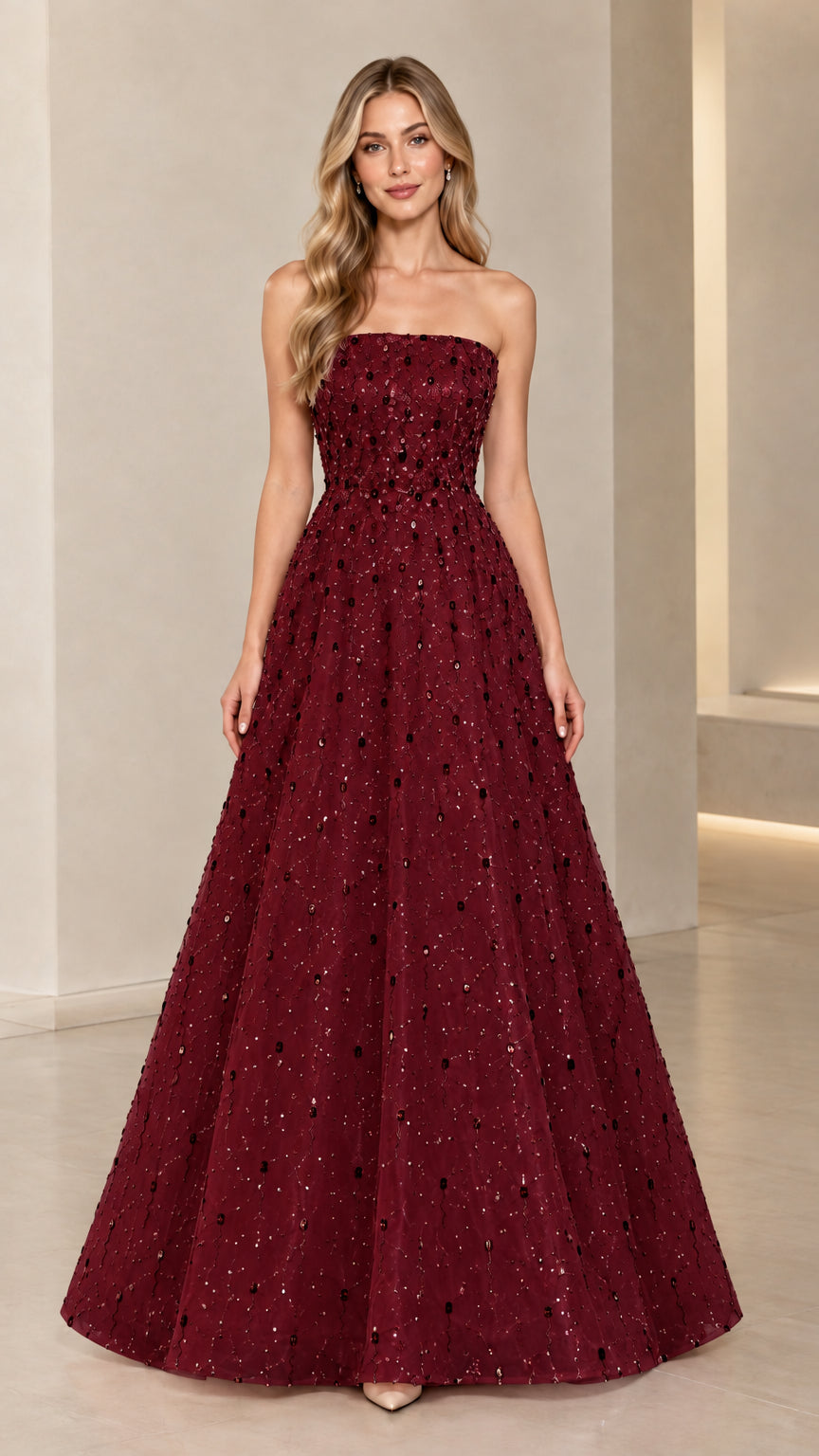 Model wearing Burgundy red strapless sequin A-line evening gown