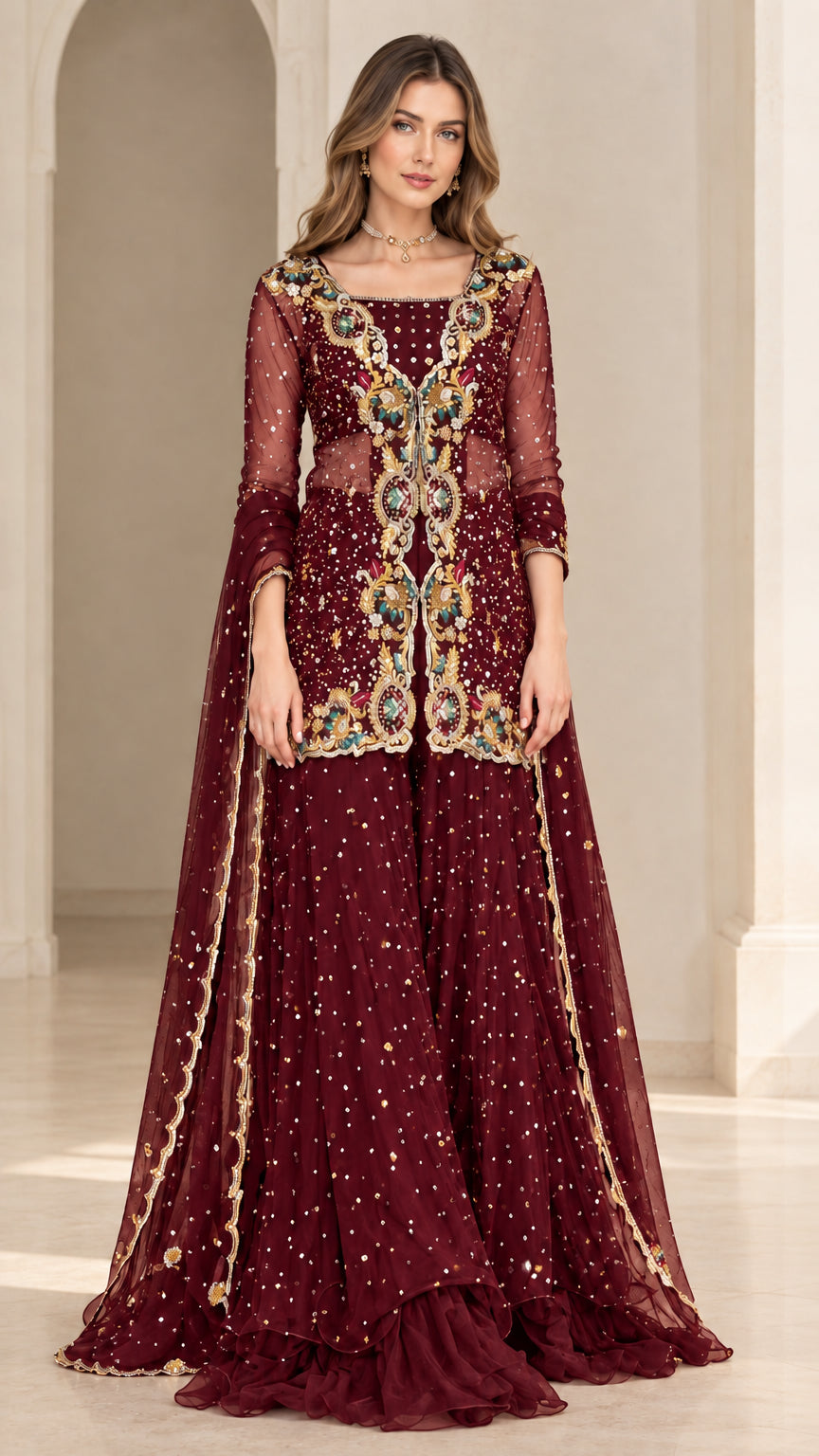 Burgundy wine embroidered tunic and ruffled sharara evening set