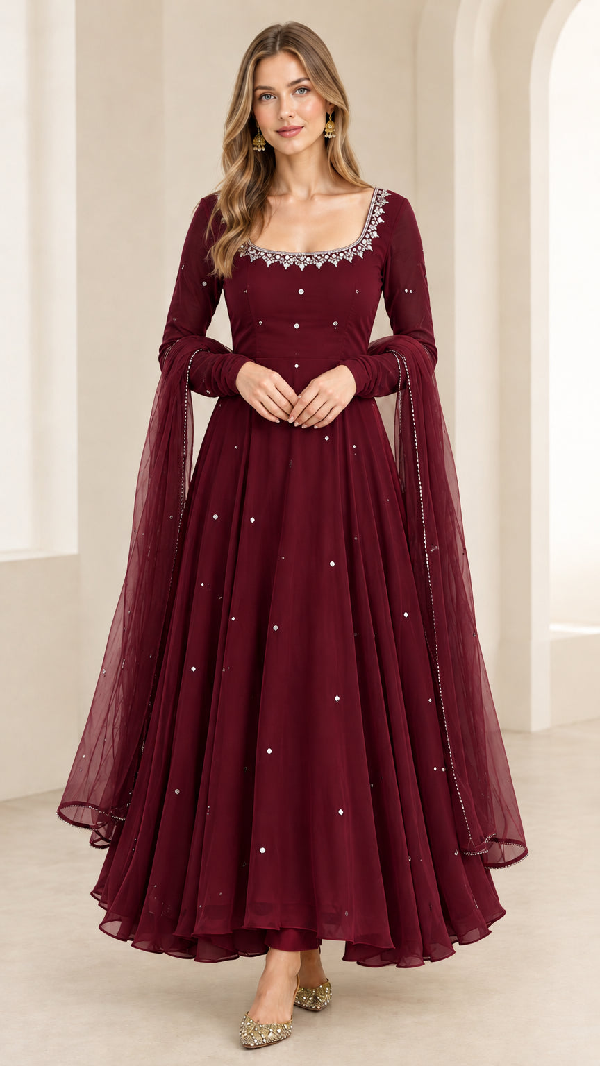 Front view of woman wearing Burgundy Wine long sleeve flared festive gown with dupatta