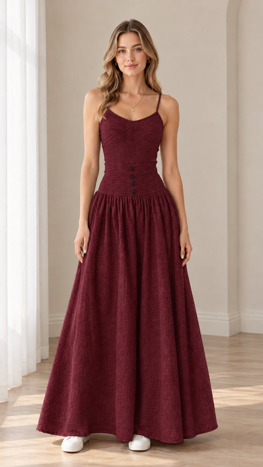 Women's burgundy smocked bodice cami maxi dress