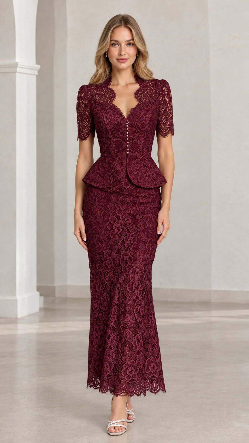 Front view of woman wearing burgundy floral lace peplum maxi two-piece set