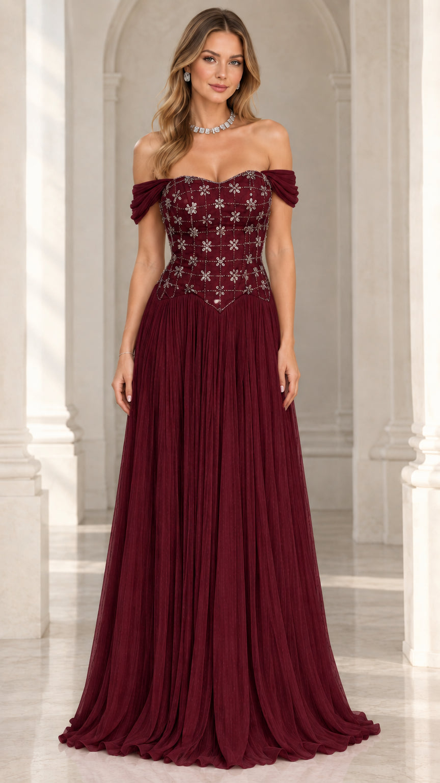 Burgundy wine red off-the-shoulder beaded pleated evening gown