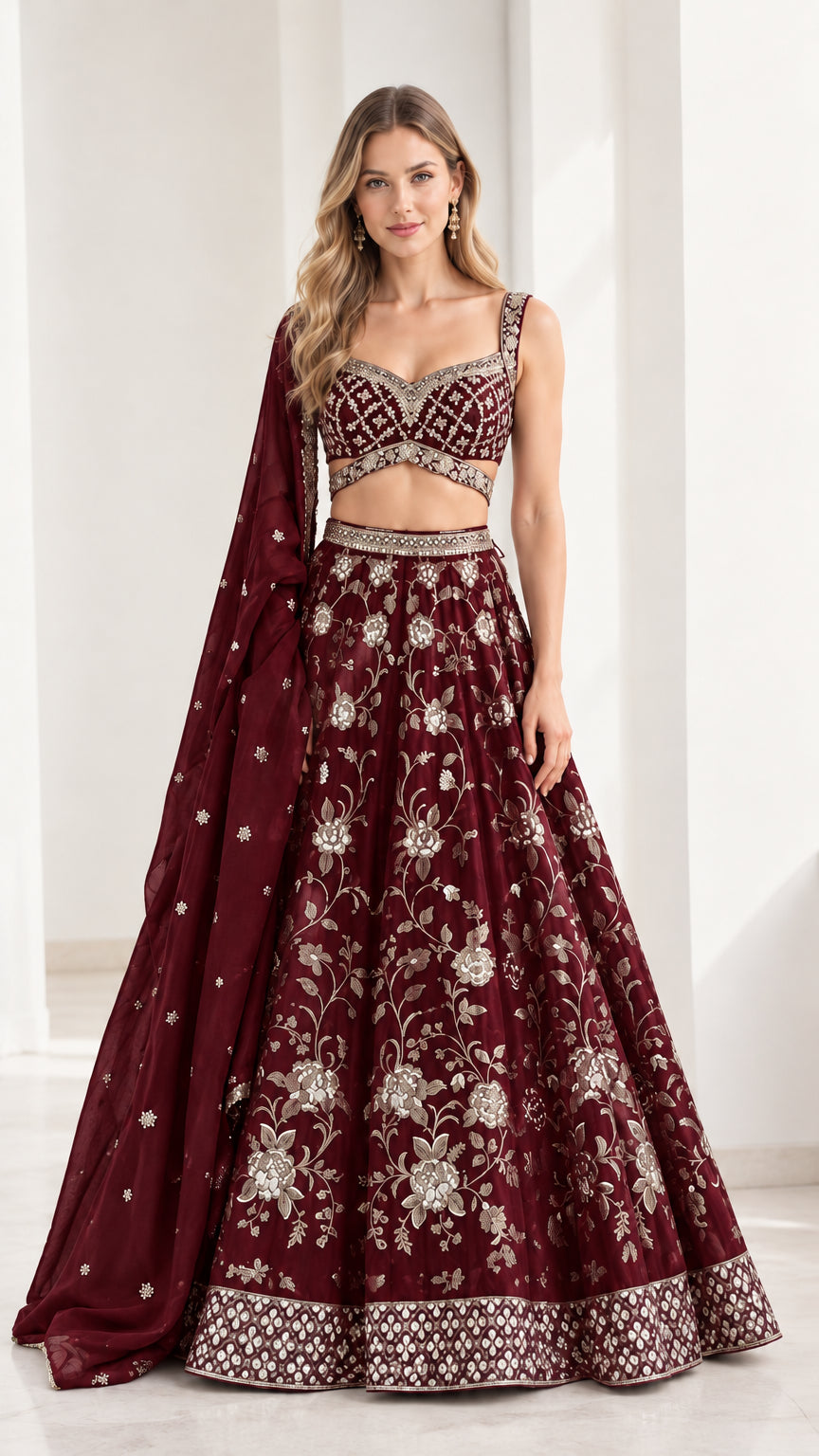 Burgundy wine embroidered 3-piece festive lehenga choli set