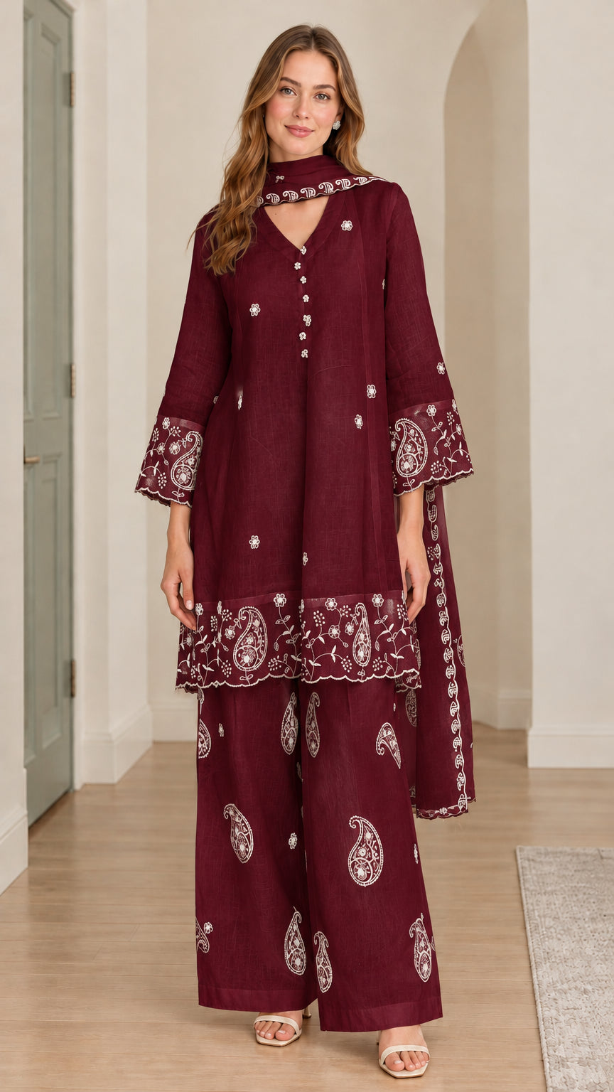 Model wearing burgundy 3-piece embroidered tunic set with white floral embroidery