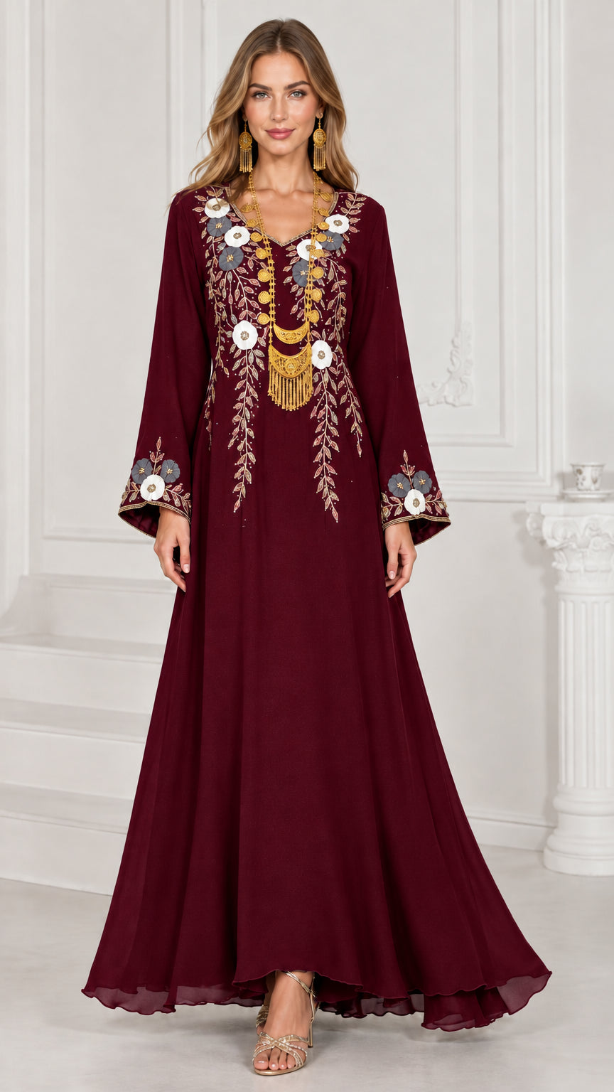 Full-length burgundy wine embroidered kaftan maxi dress with bell sleeves
