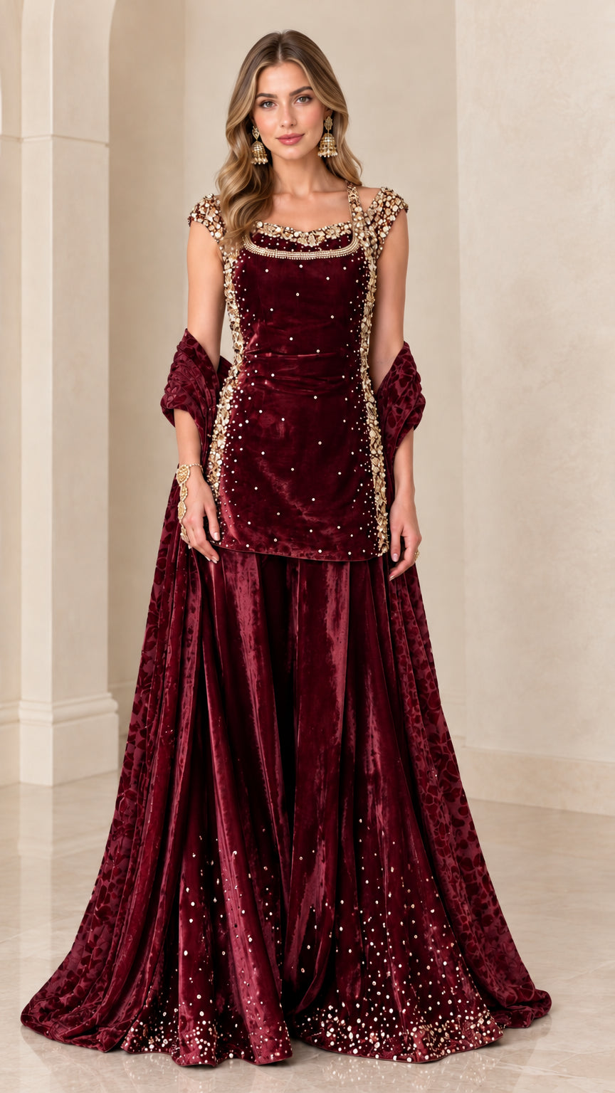 Burgundy wine embellished velvet tunic and flared skirt set