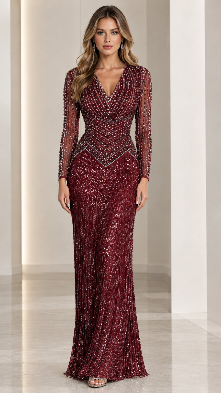 Front view of burgundy red sequin floor-length formal gown with long sleeves